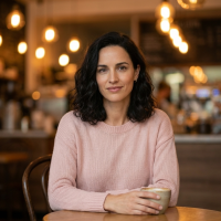 The woman is sitting in a coffee shop