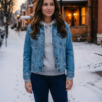 Woman standing on a snow covered sidewalk.
