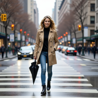 Woman walking across busy street on a rainy day.