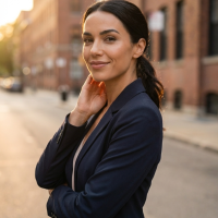 Woman standing in the street looking at the camera with her hands on her face.