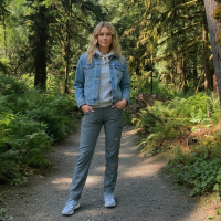 A woman standing on a hiking trail in the forest.