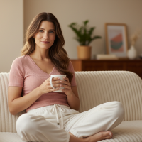 Woman sitting on a sofa cross-legged holding a cup of coffee