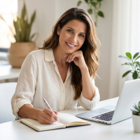 Woman sitting at a desk with a notepad and her laptop open.